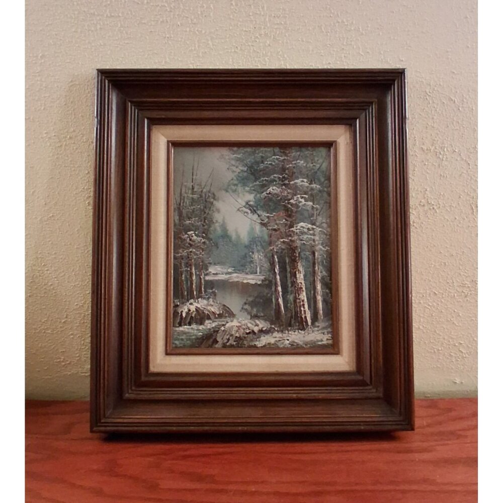 Oil Painting Winter Forest Landscape Framed 17 x 9 Teal Hues By Antonio Italy